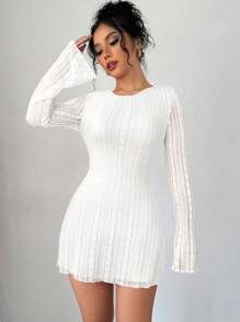 Firerie Đầm midi thời trang thanh lịch & lãng mạn cho nữ đi làm, phong cách quyến rũ & gợi cảm, thích hợp cho tiệc tùng, ngày lễ, trở lại trường, hẹn hò lãng mạn và sinh nhật đám cưới, váy ngắn tay dài ren bó sát, mùa thu/đông - trắng - Xem 6