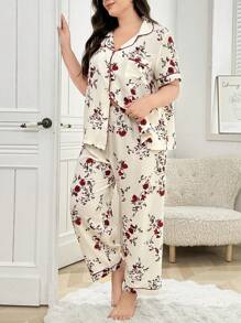 Plus Size Women Floral Print Gauze Ruffled Collar Patch Pocket Top And Pants Pajama Set