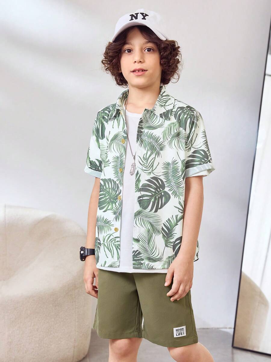 2pcs/Set Tween Boys Vacation Green Leaf Print Short Sleeve Shirt & Military Green Pants - Multicolor - View 1