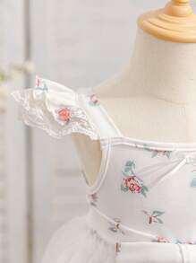 SHEIN Glamorique Kids Vestido de fiesta de manga de tul con estampado floral de rosa para niña bebé