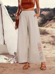 LanaWest Calça Longa Casual de Campo Bordada Corte em H de Cor Sólida para Férias - Bege - Visão 3
