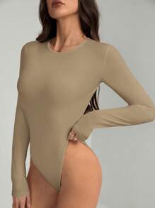 SHEIN Tall Solid Slim Fit Spring Women Bodysuit - Khaki - View 6