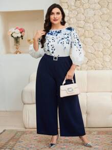 Modelyn 2pcs/Set Plus Size Round Neck Lantern Sleeve Floral Top And Crystal Waist Belt Wide Leg Long Pants - Multicolor - View 6