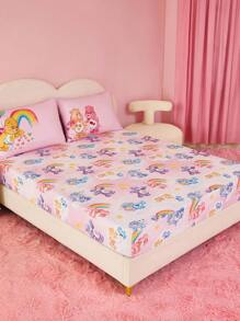 SHEIN X Care Bears 1 tấm ga trải giường mềm mại in hình gấu hoạt hình dễ thương & cầu vồng & mây, nhiều kích cỡ - Nhiều màu - Xem 2