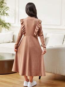 SHEIN Tween Girls Fitted Casual Ribbed Stand Collar Ruffle Hem Long Sleeve Sweater Dress - Khaki - View 2