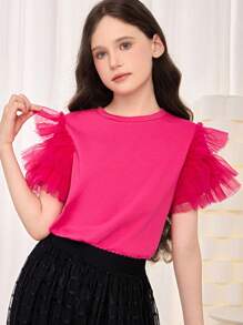 SHEIN Tween 女童纯色圆领网眼拼接短袖 T 恤 - 玫紅色 - 查看 2