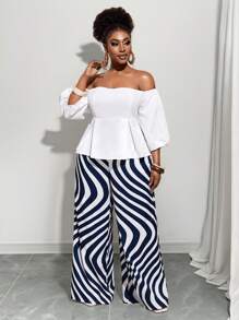 Slaydiva 2025 Noua tinuta Rave/Paste Plus Size Femei/Stil Bani Vechi Plus Size Femei/Tinuta Concert Country/Tinute Going Out/Fairycore/Tinute Festival/Vacanta Tropicala Imbracaminte Plus Size Femei Tinute Vara Pentru Femei Plus Size/Vara/Rave/Vara Europeana/Tinute Primavara/Tinuta Western Wear Plus Size/Graduare Casual Set de 2 bucăți cu mâneci bufante, alb, romantic, elegant și pantaloni cu dungi geometrice abstracte