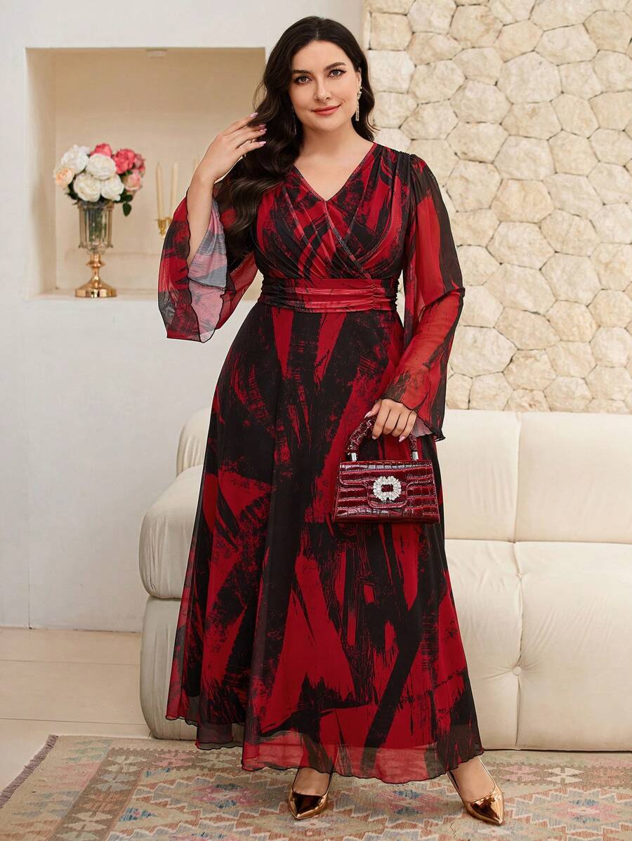 Modelyn 大码女式图案印花 V 领长袖褶饰优雅连衣裙 - 彩色 - 查看 1