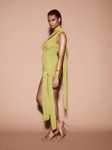 KIZN Vestido mini de punto con lurex de diseñador, con detalle de pañuelo en un solo hombro, para fiesta, noche de club, vacaciones, Año Nuevo, vestido con brillo metálico llamativo - verde menta - Ver 3