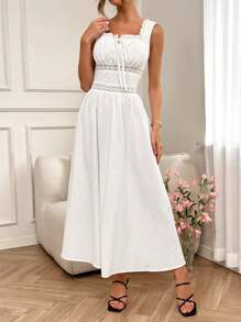 SHEIN VCAY Vestido blanco de verano de unicolor con estilo bohemio, vestido sin mangas con encaje en contraste y volantes, vestido de silueta francesa midi para vacaciones de primavera/verano, vestido de playa blanco para vacaciones, vestido de fiesta de verano para salir de vacaciones - Blanco - Ver 3
