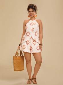Travachic Plus Size Women 2 Pieces Set: Loose Casual Spaghetti Strap Halterneck Criss-Cross Design Printed Camisole & Beach Shorts, Summer Vacation