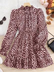 SHEIN Young Girl Casual Matching Mother-Daughter Leopard Print Ruffle Hem Cinched Waist A-Line Elegant Fashion Dress, Autumn/Winter, Autumn/Winter For Back To School Season, Suitable For School, Travel, Outing, And Home Use, For Fall/Winter,Great For Casual & Daily Wear & School Daily In Spring And Autumn,Mom And Daughter Matching,Sister And Me Matching - Pink - View 2