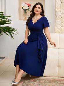 Modelyn Plus Size Shell Trim V-Neck Short Sleeve Cinched Waist A-Line Elegant Long Dress - Navy Blue - View 5