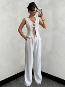 Gloray 2pcs Set Women's Solid Color Simpleprintless Tank Top And Long Pants Suit - White - View 1