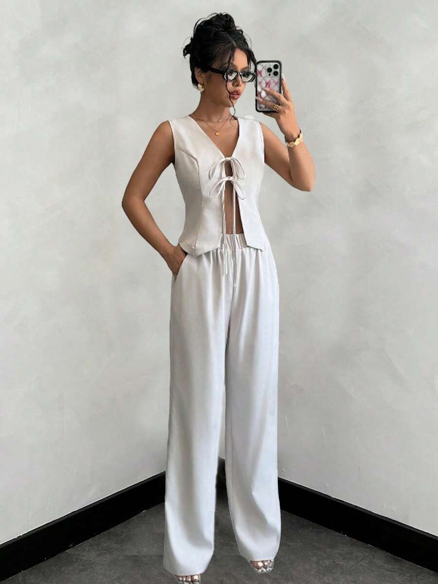 Gloray 2pcs Set Women's Solid Color Simpleprintless Tank Top And Long Pants Suit - White - View 1