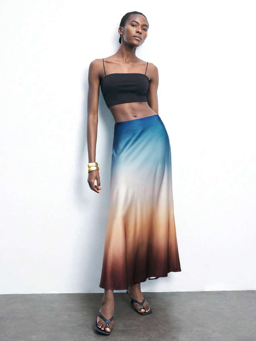 SHEIN Maija Ombre Satin Soft Touch Fashion Women Skirt, Versatile Spring/Summer Bottoms, Suitable For Festivals - Brown - View 1