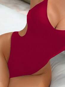 SHEIN Swim SXY Bộ đồ bơi liền thân hở lưng dây mảnh gợi cảm màu trơn cho nữ mùa hè - Đỏ - Xem 4