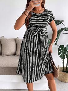 SHEIN Maternity Nursing Round Neck Striped Dress - Black - View 5