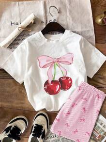 SHEIN 2pcs Vintage Cherry Pink Striped, BM Style, Tween Girls Casual Minimalist Short Sleeve Top And Shorts Set, Summer - Multicolor - View 1