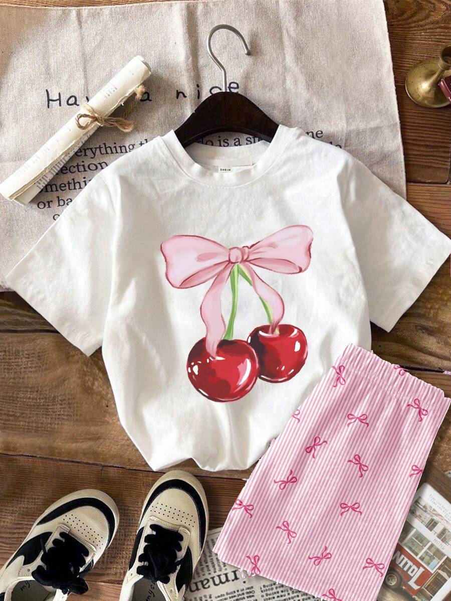 SHEIN 2pcs Vintage Cherry Pink Striped, BM Style, Tween Girls Casual Minimalist Short Sleeve Top And Shorts Set, Summer - Multicolor - View 1