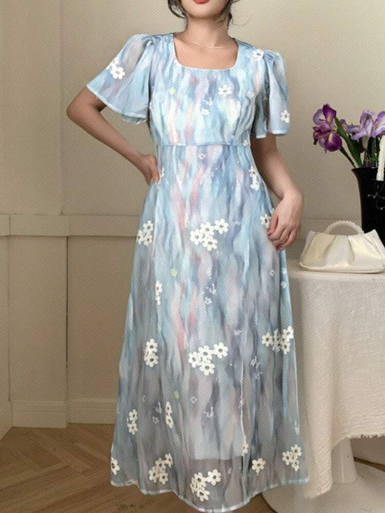 Women Floral Applique Tie-Dye Ruffle Collar Short Sleeve Elegant Midi Dress Easter