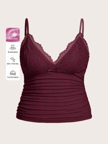 SHEIN ICON Plus Size Women's Summer Solid Color Contrast Lace Pleated Slim Fit Camisole Top