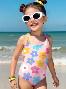 SHEIN Leap Crew Young Girls' Casual Minimalist Camisole One-Piece Swimsuit, Suitable For Summer - Multicolor - View 1