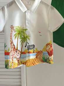 Baby Boy Casual & Cute Animal World, Lion, Tiger, Zebra, Giraffe Resting Scenery Printed Soft Shirt & Shorts Set, Suitable For Spring/Summer