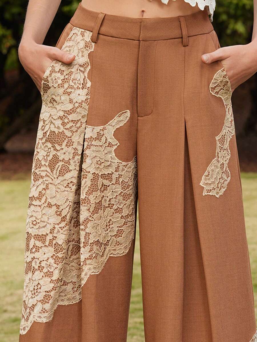 Anewsta High Waist Flowy Wide Leg Lace Applique And Rhinestone Detail Women's Pants, Suitable For Spring And Summer - Khaki - View 1