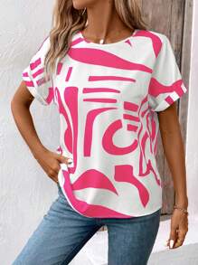 Chiquease Woman Casual Vacation Random Print Blouse - Hot Pink - View 5