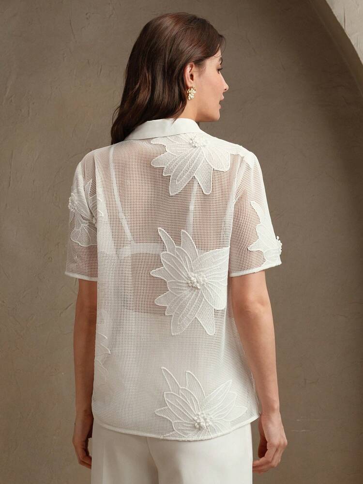 Lato, Festiwal, Wakacje, Casual Woman, Plaża Damska siateczkowa tkanina Ciężkie rękodzieło Haft Perspektywa Hollow Krótki rękaw Biała koszula