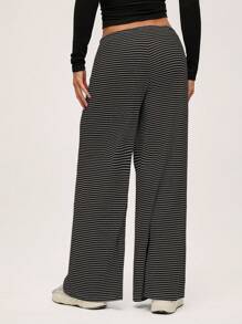 SHEIN BASICS Quần ống rộng rộng rãi, dài đến sàn, họa tiết sọc dệt kim thường ngày dành cho nữ - màu đen - Xem 2