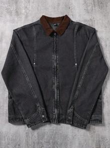 Manfinity EMRG Men's Washed Khaki Casual Loose Denim Jacket - Light Grey - View 1