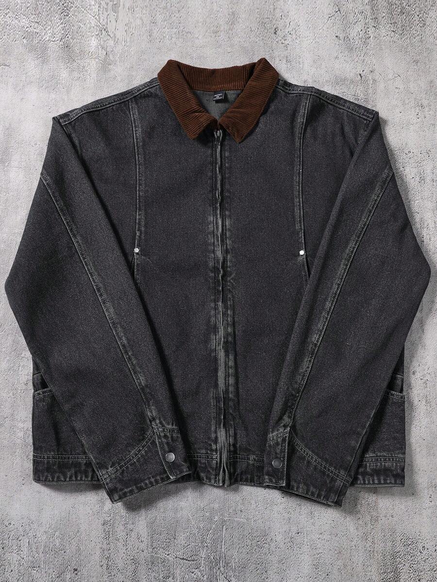 Manfinity EMRG Men's Washed Khaki Casual Loose Denim Jacket - Light Grey - View 1