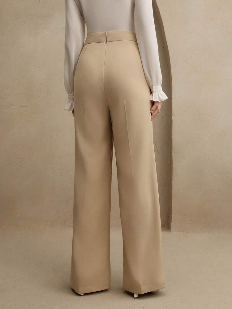High-Waisted Wide Leg Dress Pants With Button Decor, Elegant Business Casual Style For Professional Women, Chic Old Money Vibe