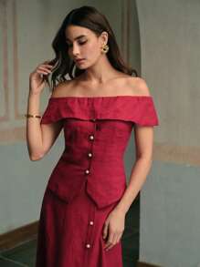 ZEYLAH 女士纯色前扣亚麻露肩优雅衬衫 - 酒紅色 - 查看 4