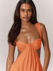 MUSERA 超宽腿连体裤，垂褶前胸罩杯设计，侧边镂空，露背，度假波西米亚风，西部牛仔风，春夏度假沙滩装，优雅伊比沙岛假日婚礼宾客约会之夜性感晚装，波西米亚橙色婚礼派对 - 橘色 - 查看 5