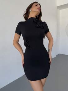 Firerie Women's Elegant Minimalist Everyday Casual Wear Black Floral 3D Decor Short Sleeve Stand Collar Slim Fit Mini Dress - Black - View 4