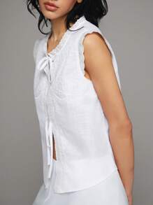 TRNVIE Spring/Summer New White Linen Casual Vacation Blouse For Women, Bow Embroidery French Tie Design With Cap Sleeves - White - View 3