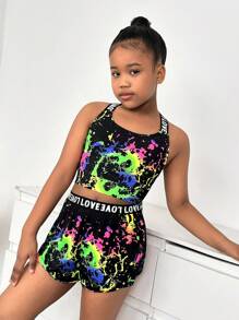 SHEIN Tween Girls Casual Round Neck Sleeveless Sports Suit, Fashionable - Black - View 3