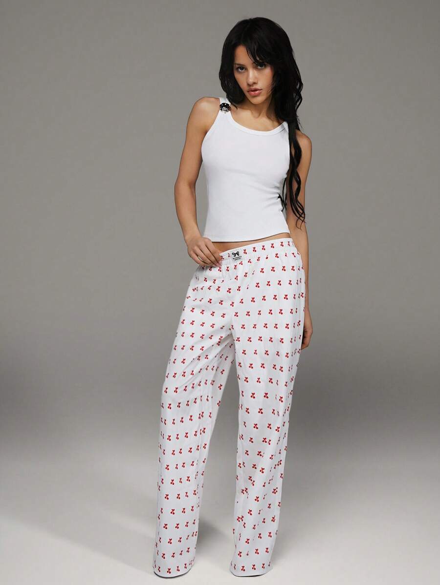 SHEIN Unity Adjustable Waist Cherry Print Straight Leg Pants,Vacation Outfits Woman Fall Cloth For Women - White - View 1