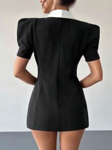 SHEIN Privé Women Contrast Color Short Puff Sleeve Sparkly Floral Decor Elegant Blazer - Black - View 2