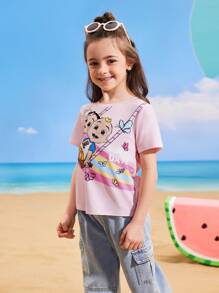 CoComelon X SHEIN Young Girl Sweet Cute Little Girl, Swing And Rainbow Print T-Shirt For Spring Summer And Outdoor - Pink - View 8