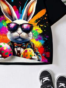 SHEIN Baby Boy Casual Cartoon Easter Rabbit & Egg Print Round Neck Loose Short Sleeve T-Shirt, Suitable For Summer - White - View 5