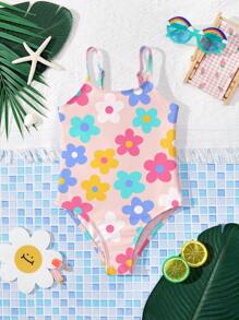 SHEIN Leap Crew Young Girls' Casual Minimalist Camisole One-Piece Swimsuit, Suitable For Summer - Multicolor - View 4