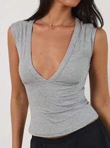 Zyxie Canotta casual da donna a tinta unita con profondo scollo a V