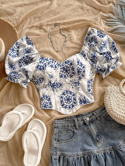 Soleia Summer For Women,Summer Tops,Vacation Woman,Crop Tops,Western Wear Women,Concert Women,Rave Festival,Music Festival ,Summer Women Blue & White Floral Embroidered Puff Sleeve Frill Trim Princess Blouse