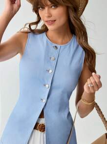SHEIN LUNE Chaleco vaquero de efecto denim azul casual de verano para festivales de música - Azul - Ver 5