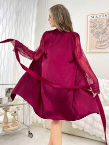 2pcs Sexy Lace Patchwork Women Pajama Set - Burgundy - View 2