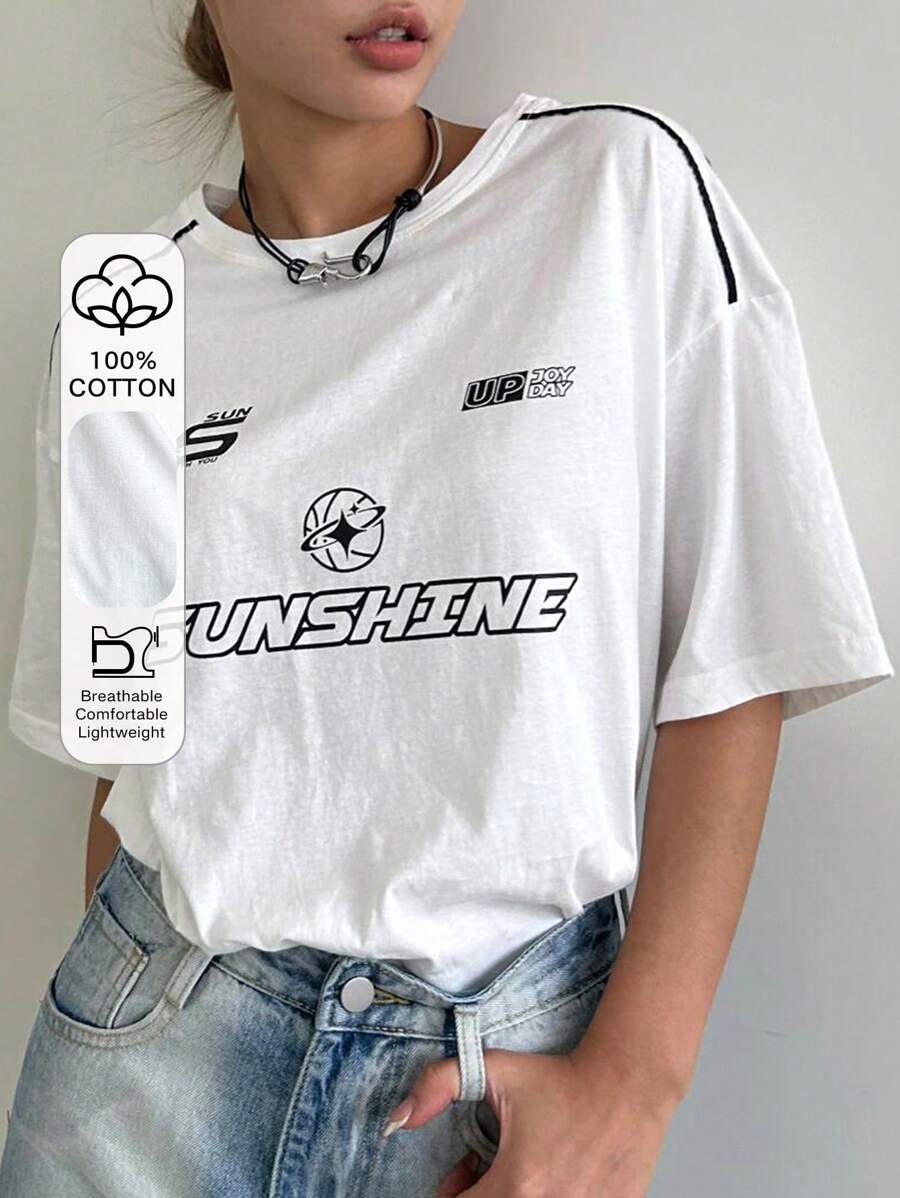 DAZY Letter Graphic Contrast Piping Drop Shoulder Tee Jersey - White - View 1